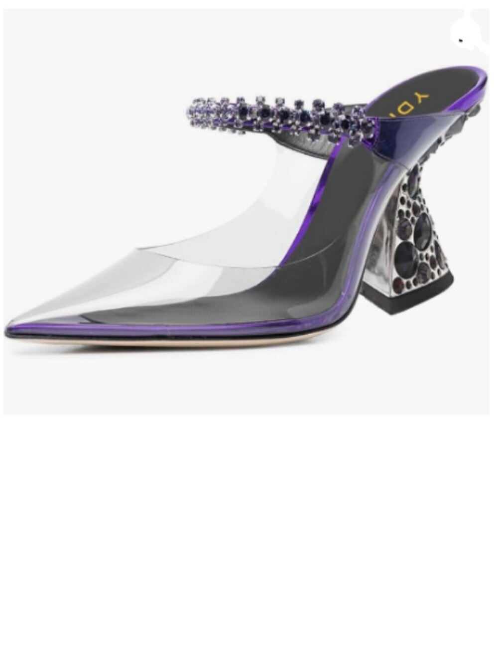 YDN Purple Pvc Rhinestones Studded Slip On Clogs Mules High Block Heels Sandals